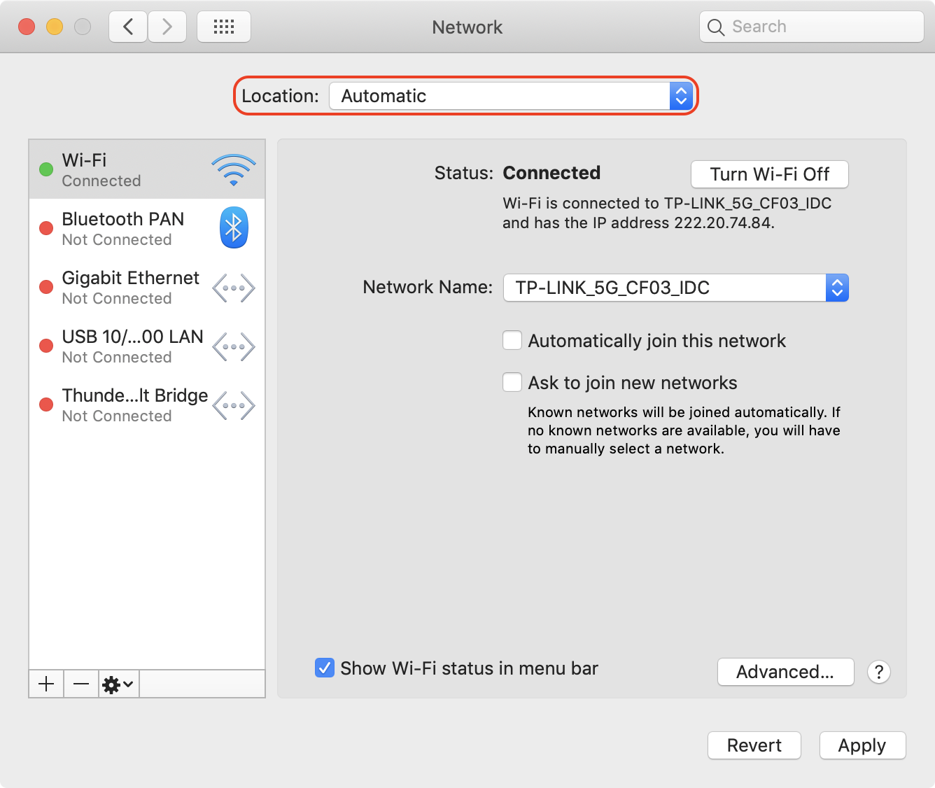 Network settings for different locations