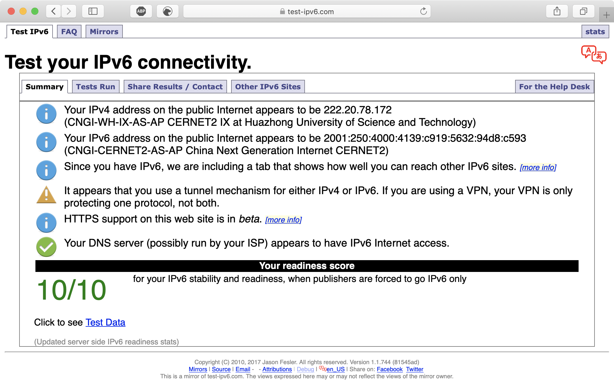 Result of IPv6 connectivity test